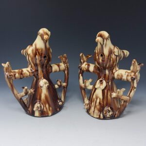 Rare pair of Halifax Slipware bird whistles in a ‘Whieldon’ style glaze, early to mid-19th century, Yorkshire England.