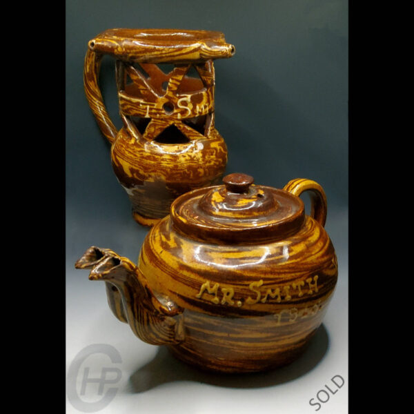 A Rare Cliviger Slipware Double-Spouted Teapot, Lancashire, England, 1915